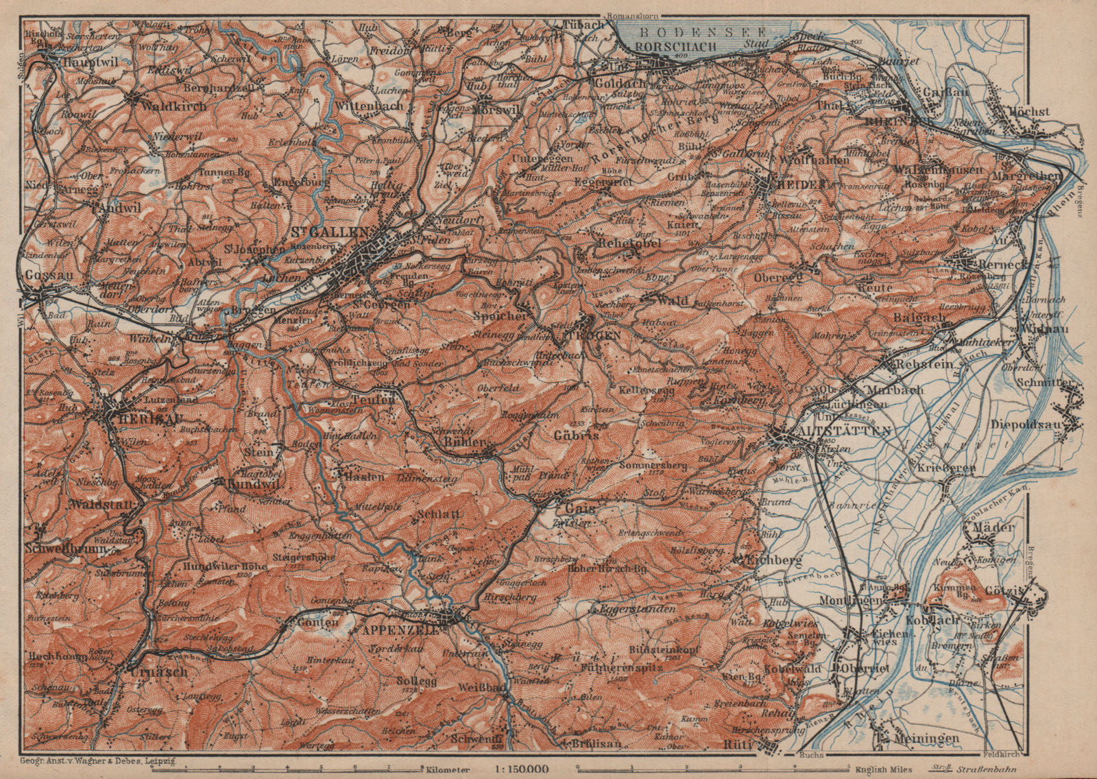 ST GALLEN/APPENZELL area. Herigau Altstätten Heiden Rheineck Rorschach 1905 map